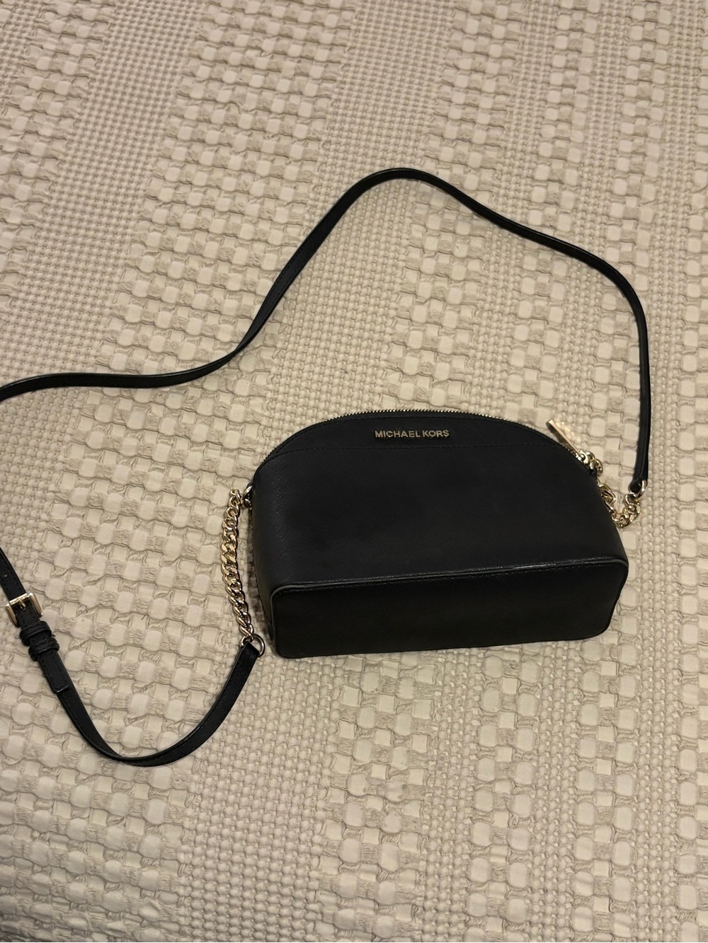 Michael Kors Black Leather Dome Crossbody with Gold Chain